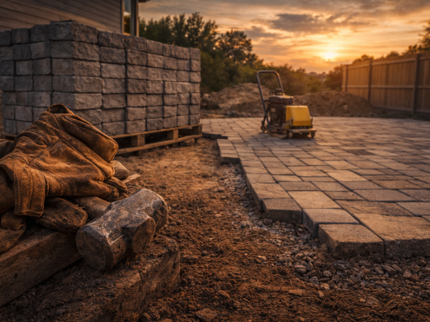 Outdoor hardscaping with stone pathways and landscaping at sunset